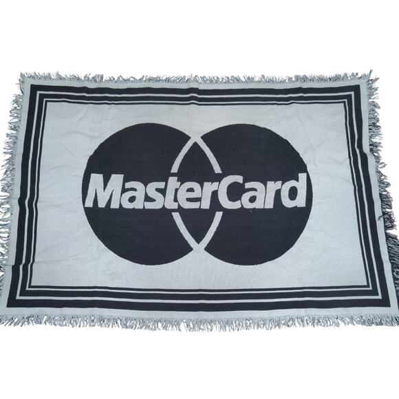 MasterCard Tapestry Blanket White Black Size 42x62 Vintage Big Logo - Picture 1 of 8